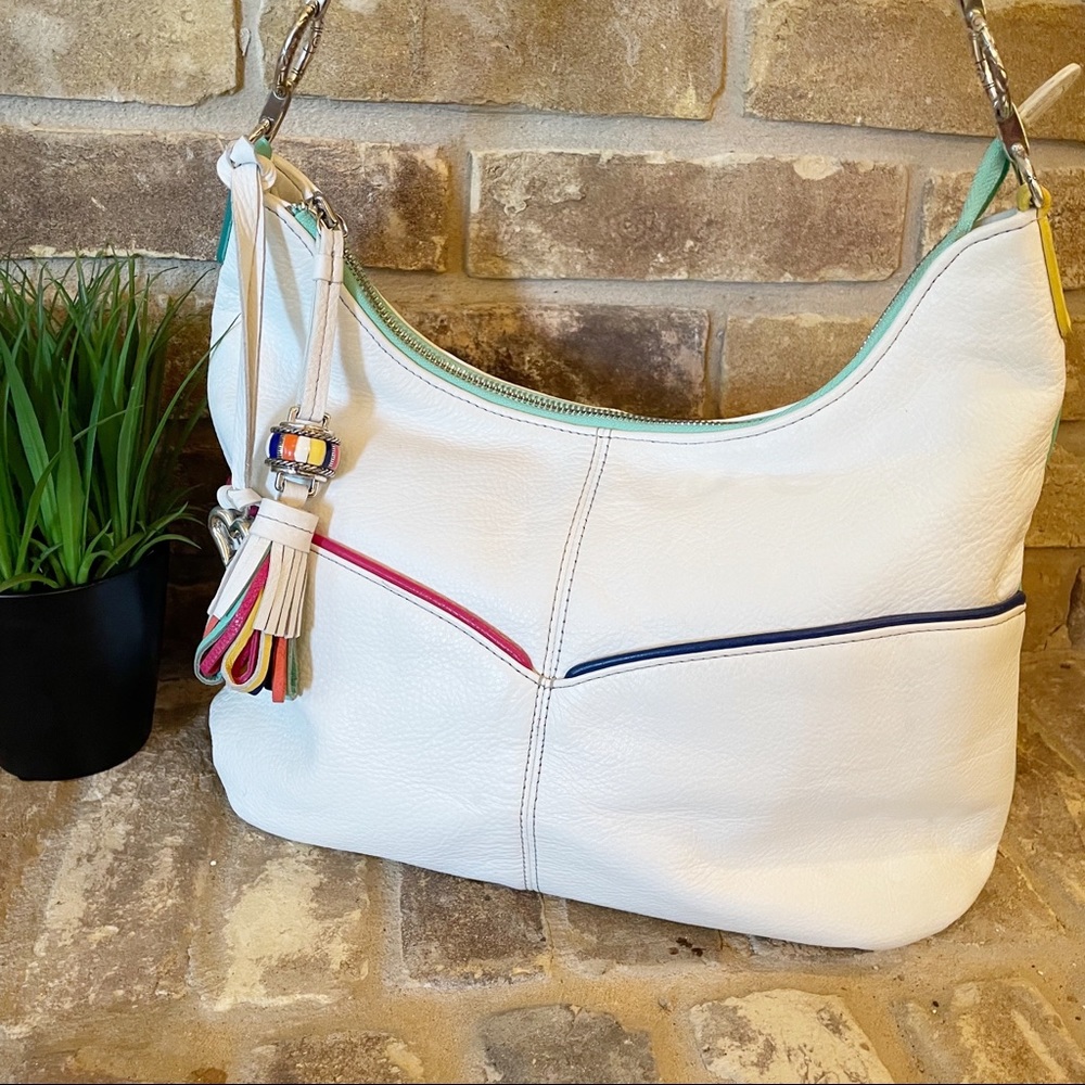White Leather Hobo Bag with Multicolor Trim